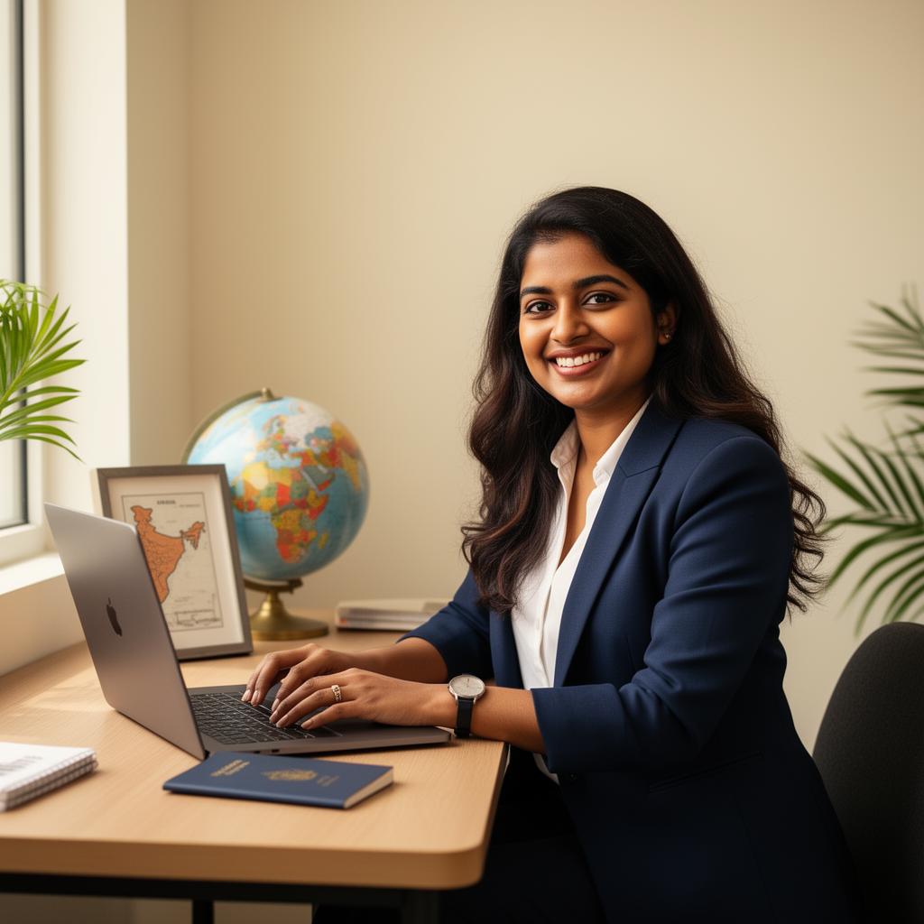Confident woman building a travel business from home with laptop